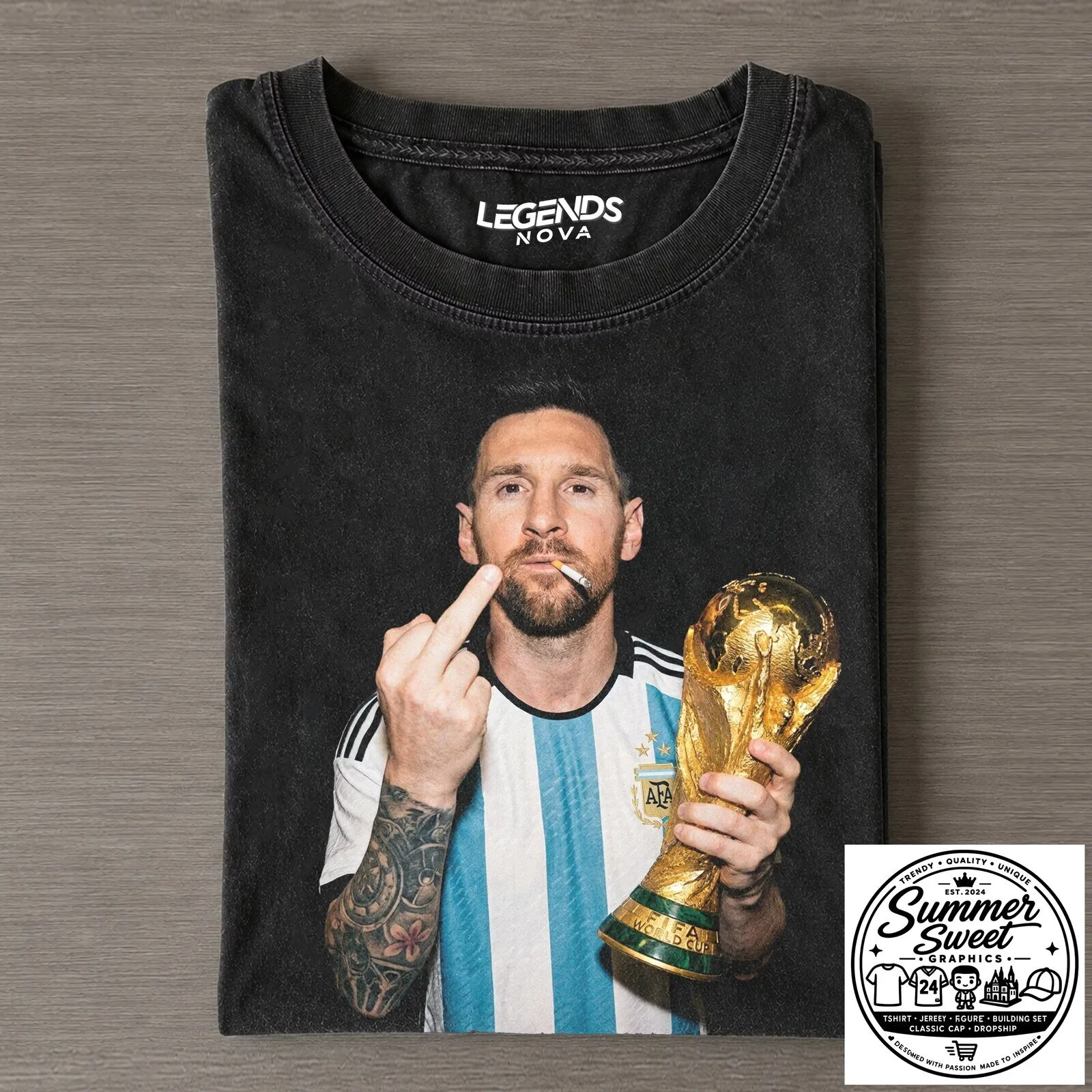 Lionel Messi World Cup Winner Middle Finger Graphic Black T-Shirt