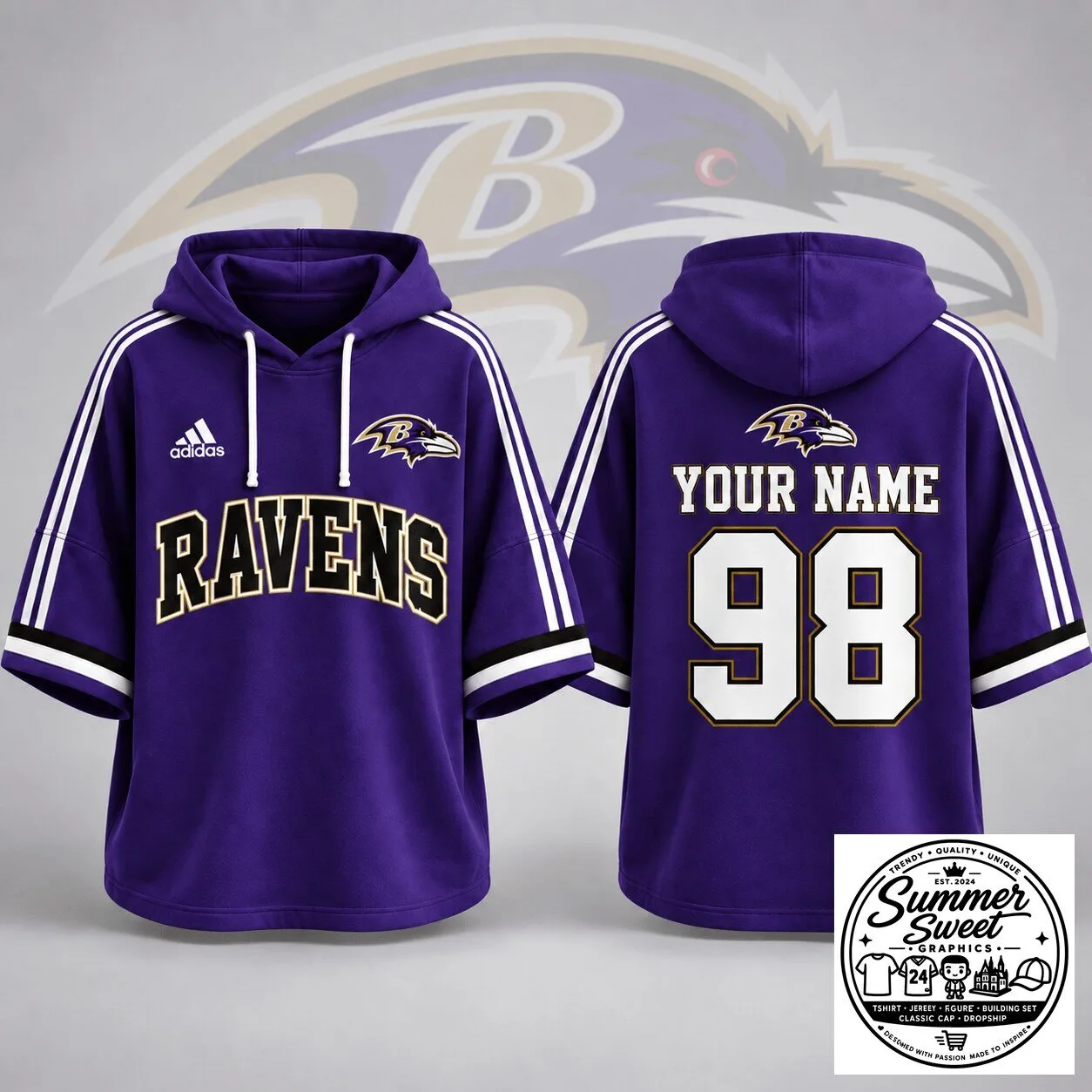 Baltimore Ravens Custom Name and Number Short Sleeve Hoodie for Football Fans