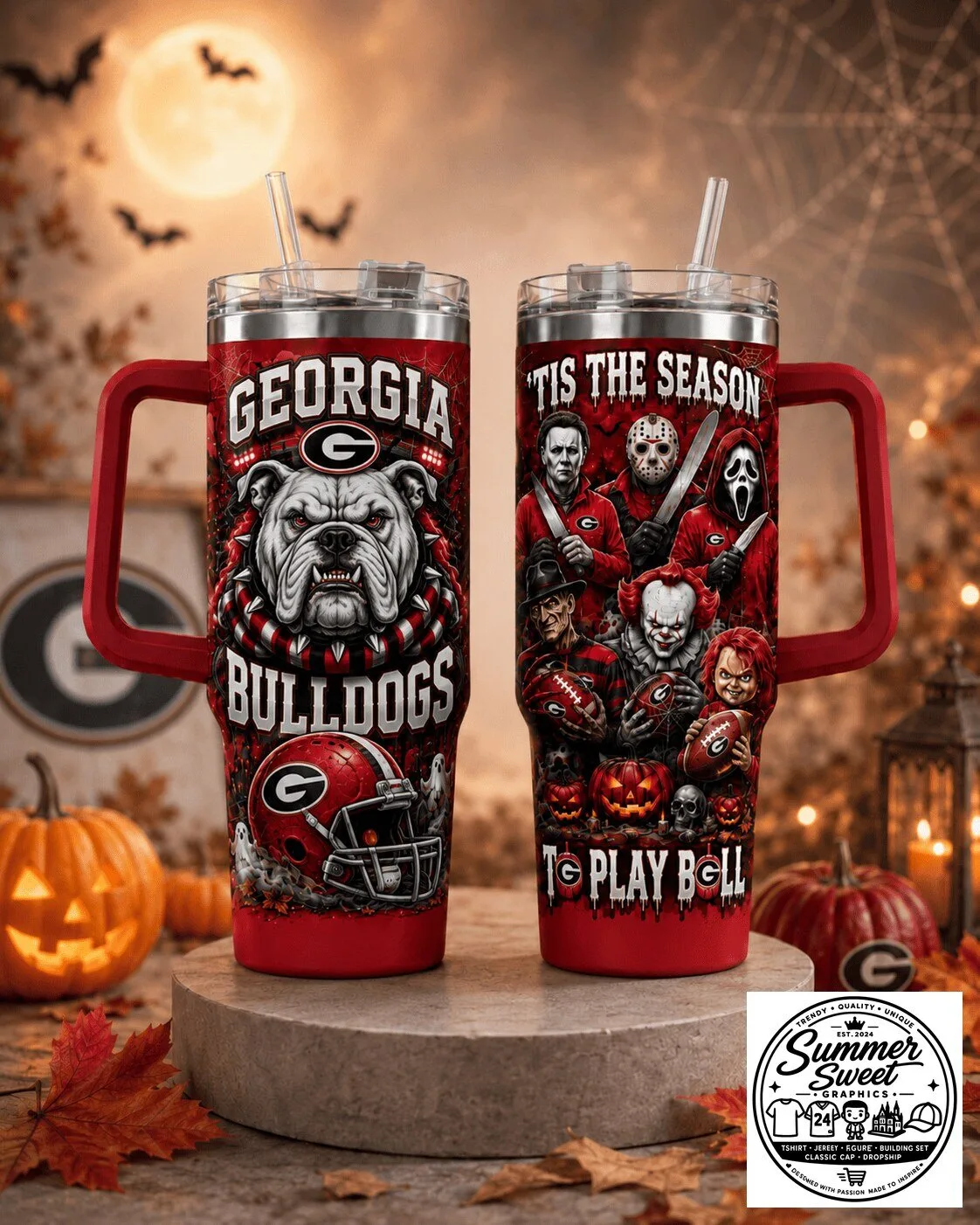 Georgia Bulldogs Halloween Horror Slashers Stainless Steel Tumbler with Handle