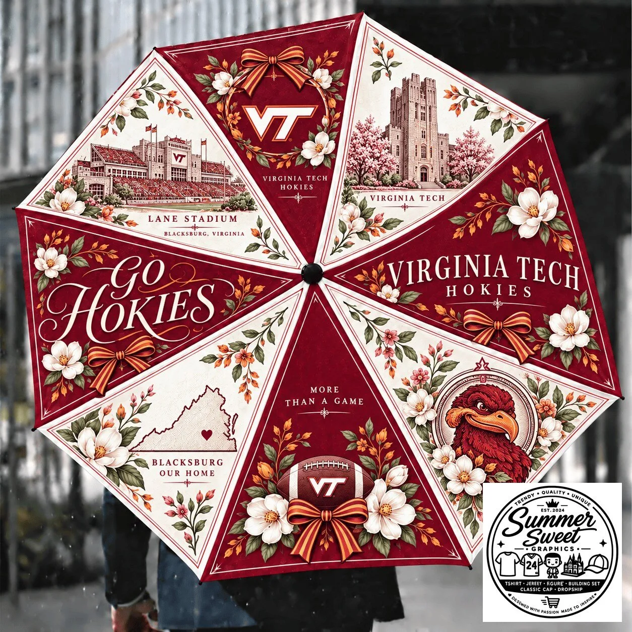 Virginia Tech Hokies Floral Compact Folding Umbrella