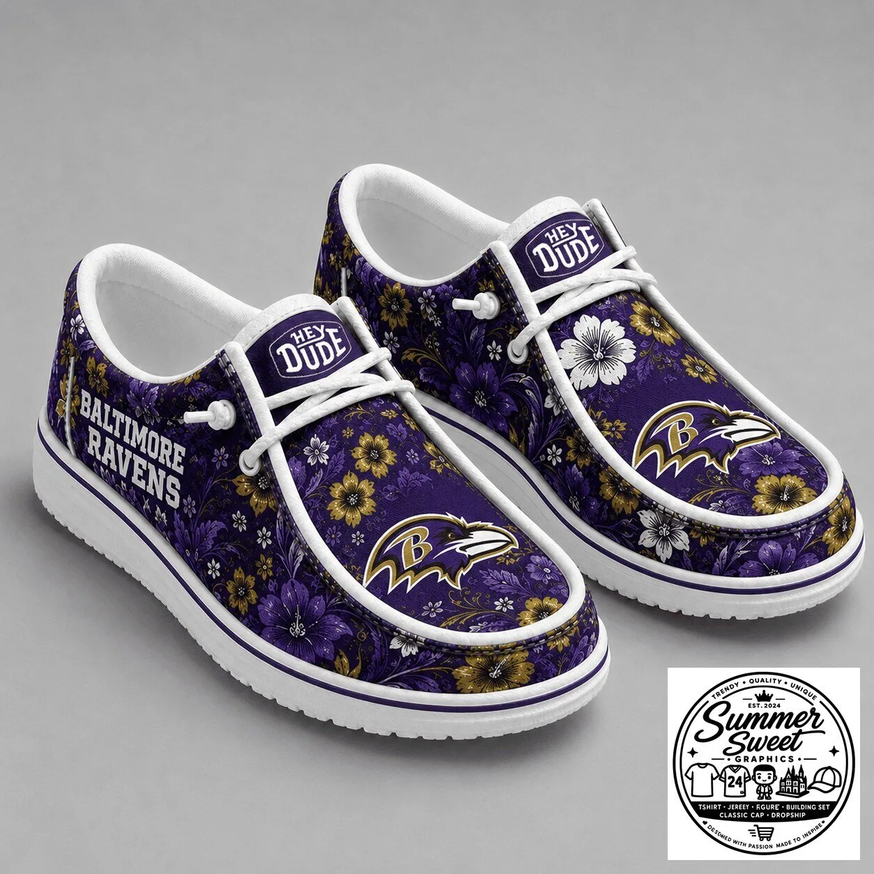 Baltimore Ravens Floral Pattern Purple Team Logo Loafer Shoes