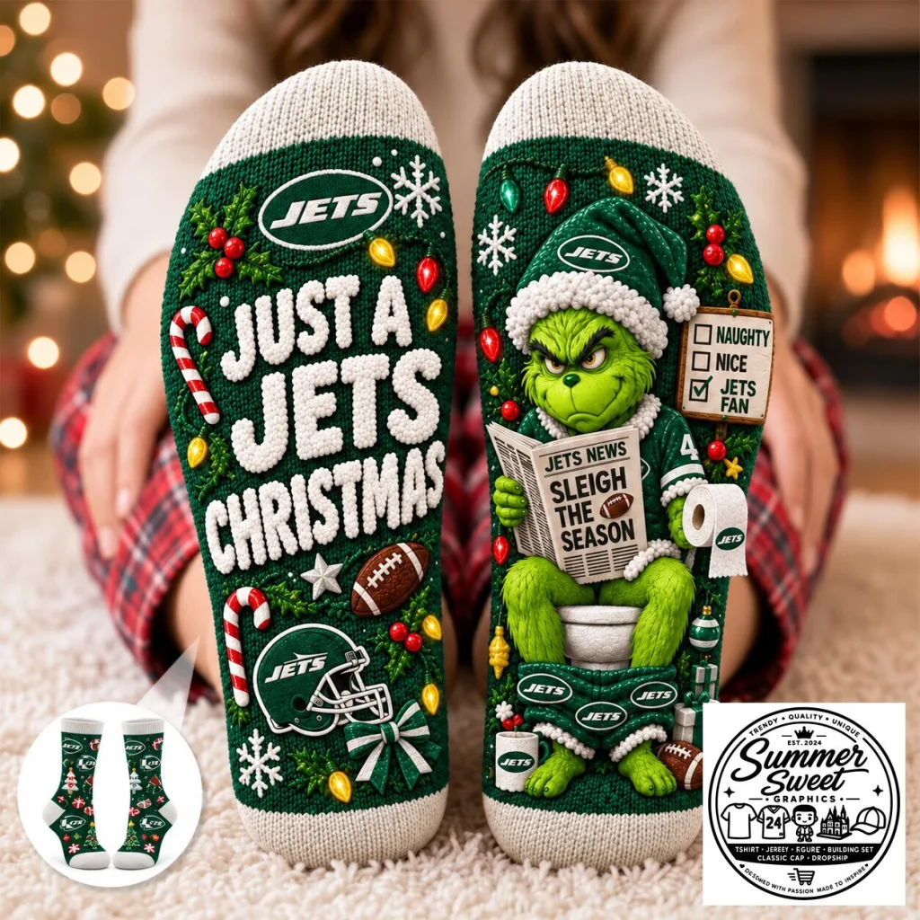 New York Jets Grinch Funny Christmas Holiday Crew Socks for Adults