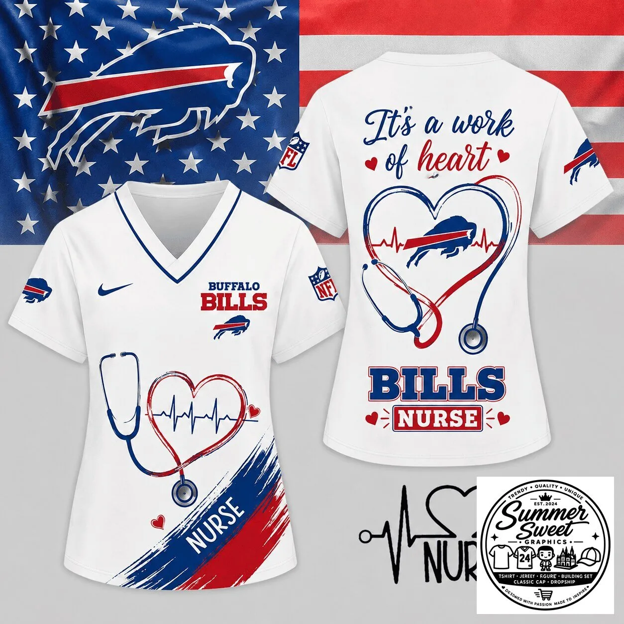 Buffalo Bills Nurse It's A Work Of Heart V-Neck T-Shirt