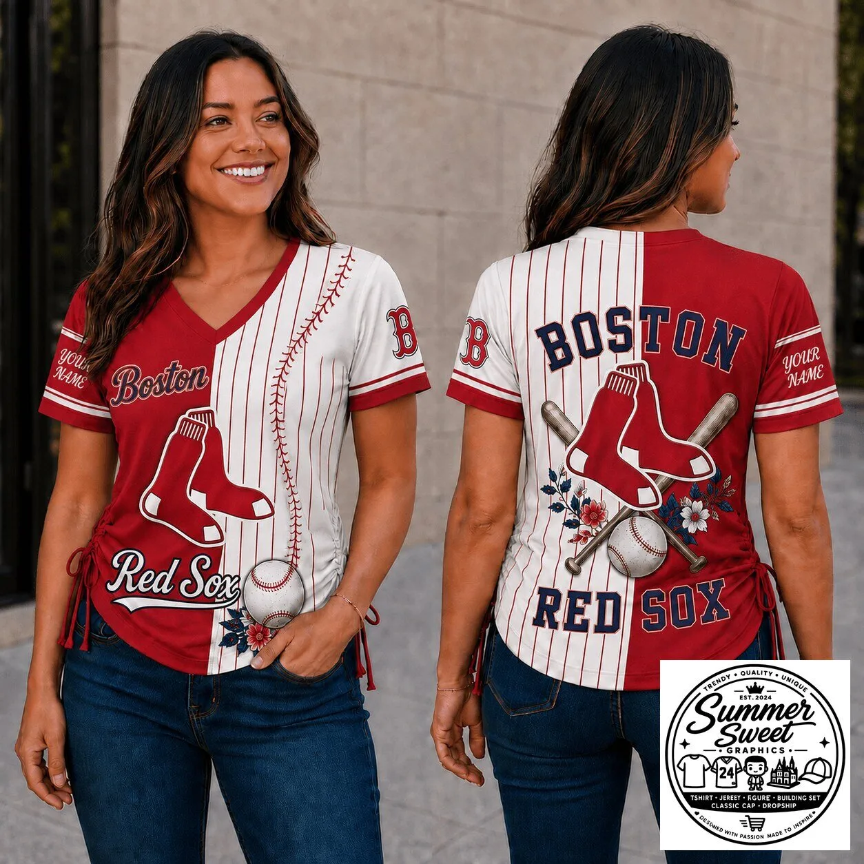 Boston Red Sox MLB Fan Shirt, Personalized Baseball V-Neck T-Shirt for Women