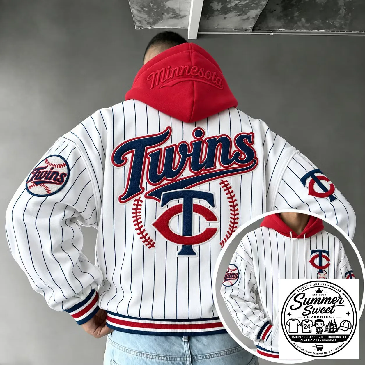 Minnesota Twins Baseball Striped Hoodie with Red Hood