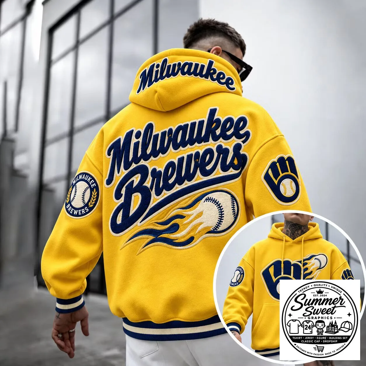 Milwaukee Brewers Baseball Team Logo Embroidered Yellow Hoodie