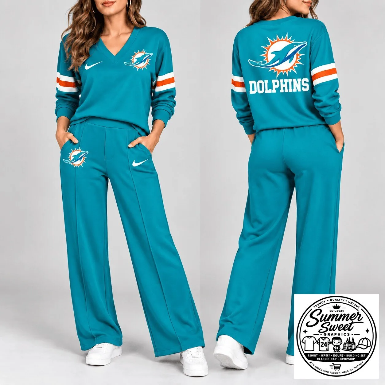 Miami Dolphins Women's Teal V-Neck Long Sleeve Top and Pants Set
