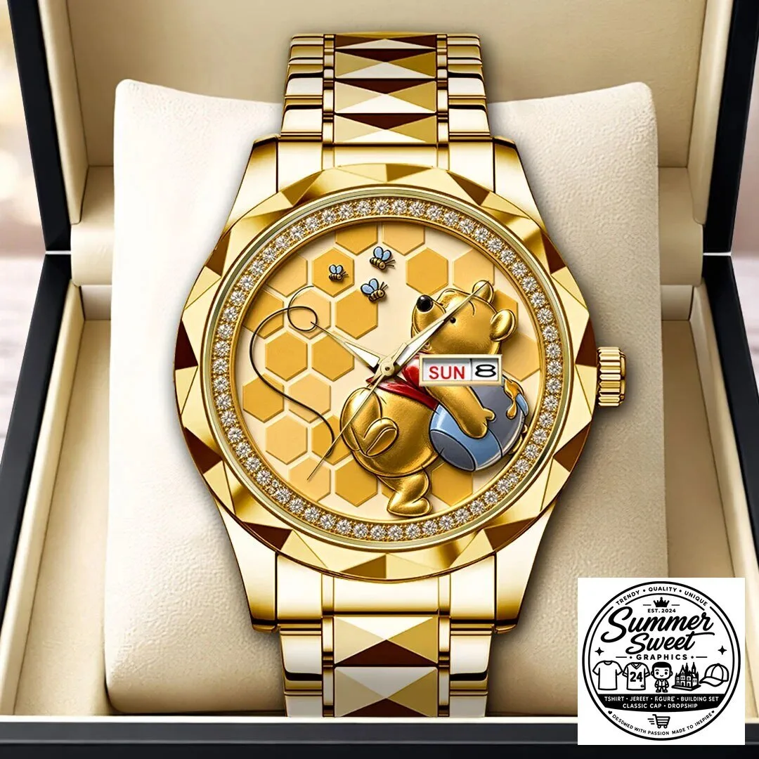 Winnie The Pooh Honeycomb Design Gold Tone Luxury Quartz Watch