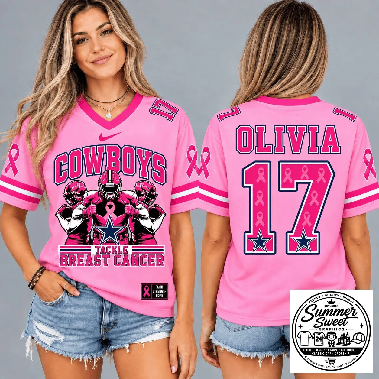 Dallas Cowboys Pink Ribbon Breast Cancer Awareness Personalized Football Jersey