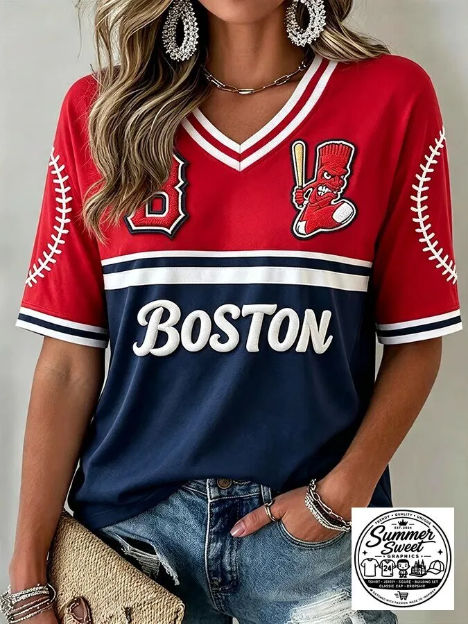 Red Sox Baseball Women's Boston Sports Fan V-Neck T-Shirt