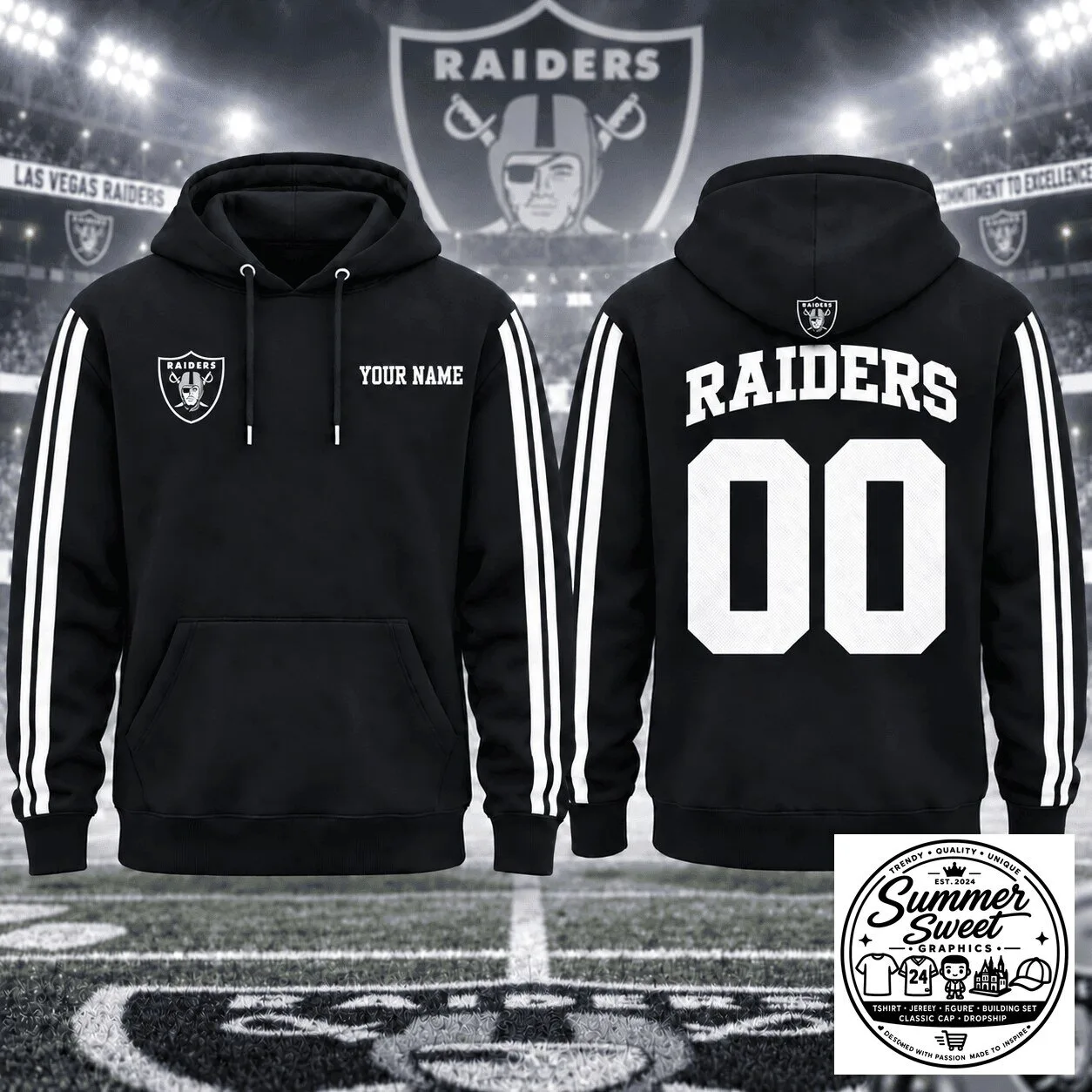 Las Vegas Raiders Personalized Name And Number Black And White Striped Hoodie