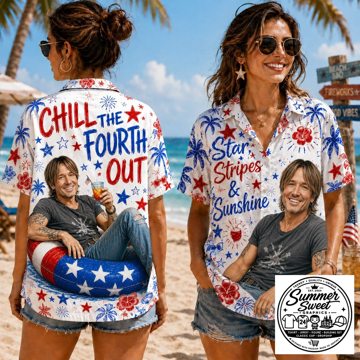 Fourth of July Keith Urban Star Stripes and Sunshine Hawaiian Shirt