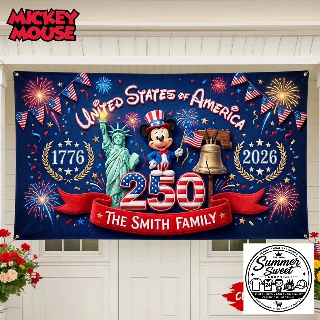 Fourth of July Mickey Mouse Patriotic Fireworks 250th Anniversary United States of America Banner