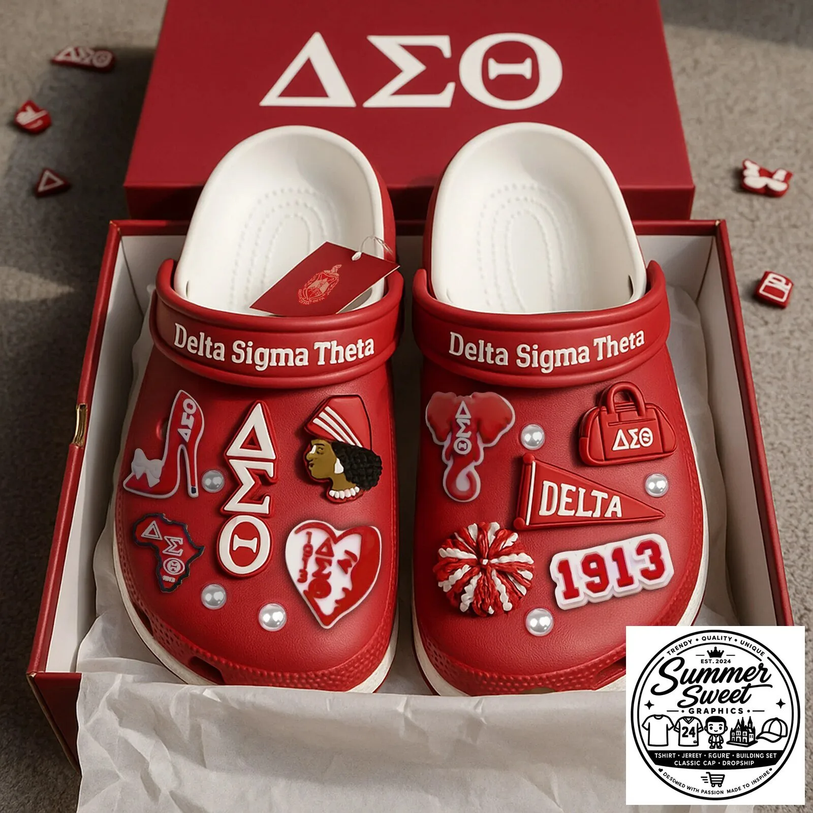 Delta Sigma Theta Sorority Red Clogs Shoes with Charms