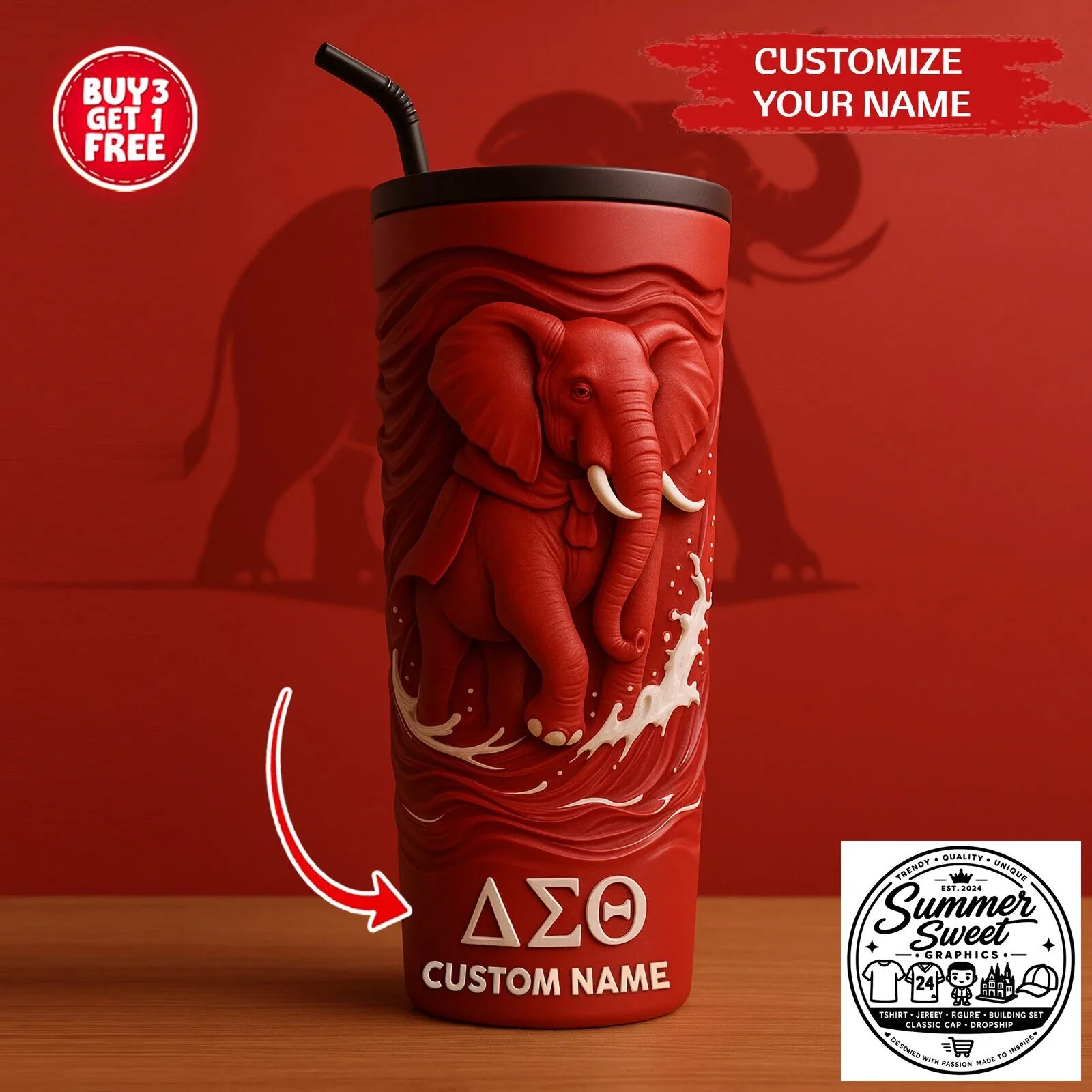Delta Sigma Theta African Elephant Red Waves Custom Name Tumbler