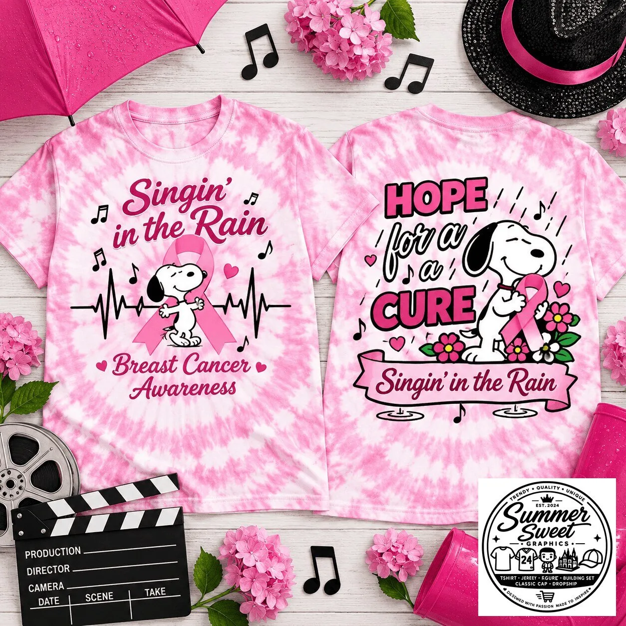 Snoopy Singin' in the Rain Hope for a Cure Breast Cancer Awareness T-Shirt