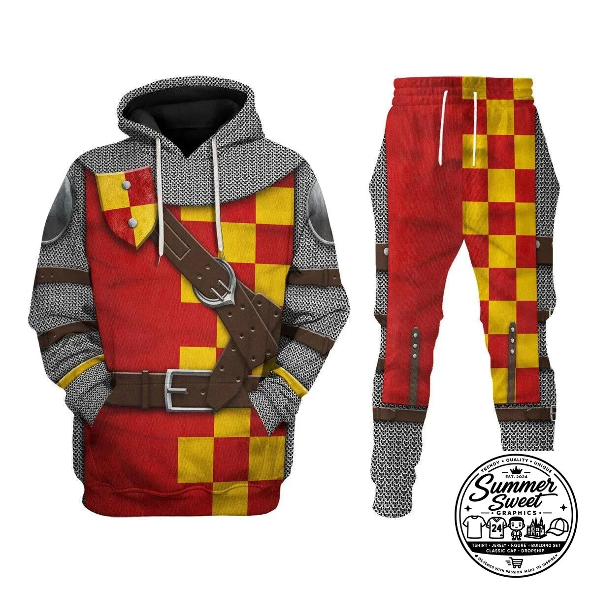 Medieval Knight Chainmail Armor Costume Red and Yellow Checkered Hoodie and Pants Set