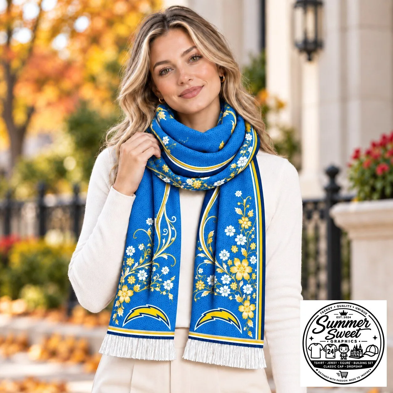 Los Angeles Chargers Floral Pattern Blue and Yellow Scarf