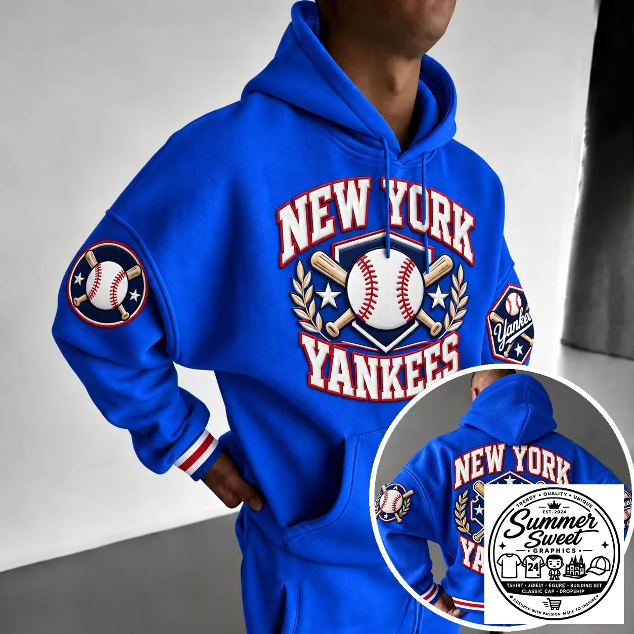 New York Yankees Baseball Team Logo Blue Oversized Hoodie