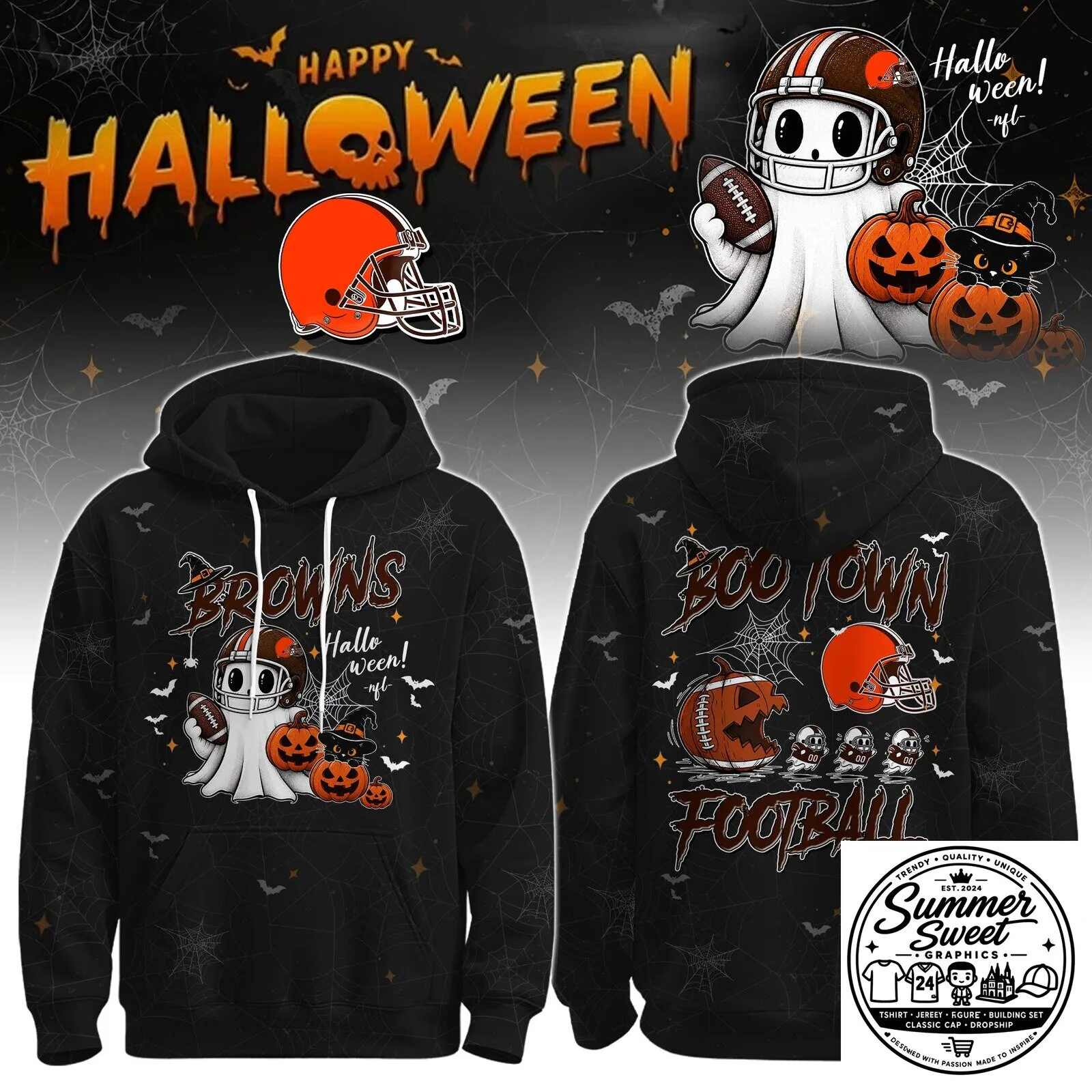 Cleveland Browns Halloween Ghost Football Team Graphic Black Hoodie