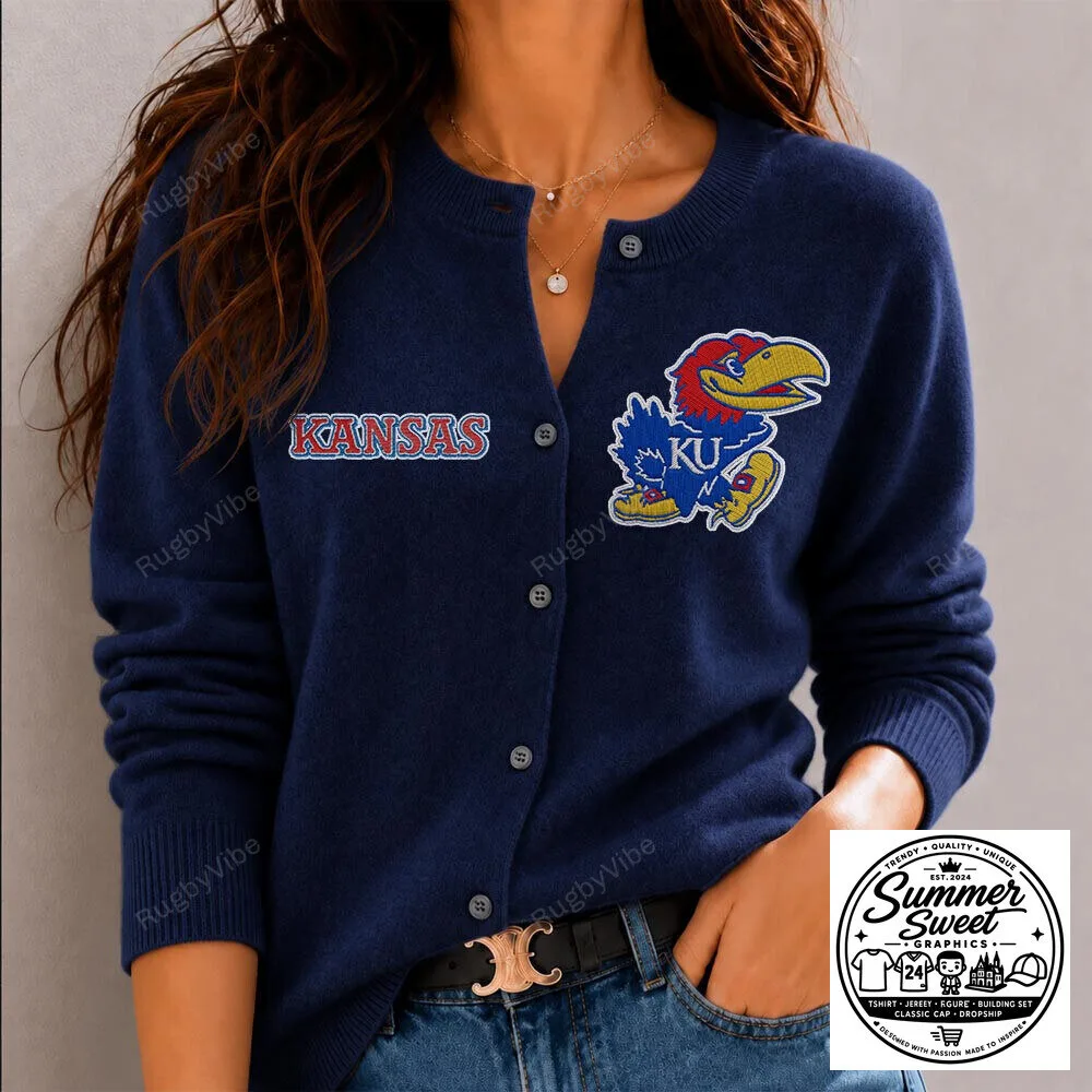 Kansas Jayhawks Mascot Embroidered Navy Blue Cardigan Sweater