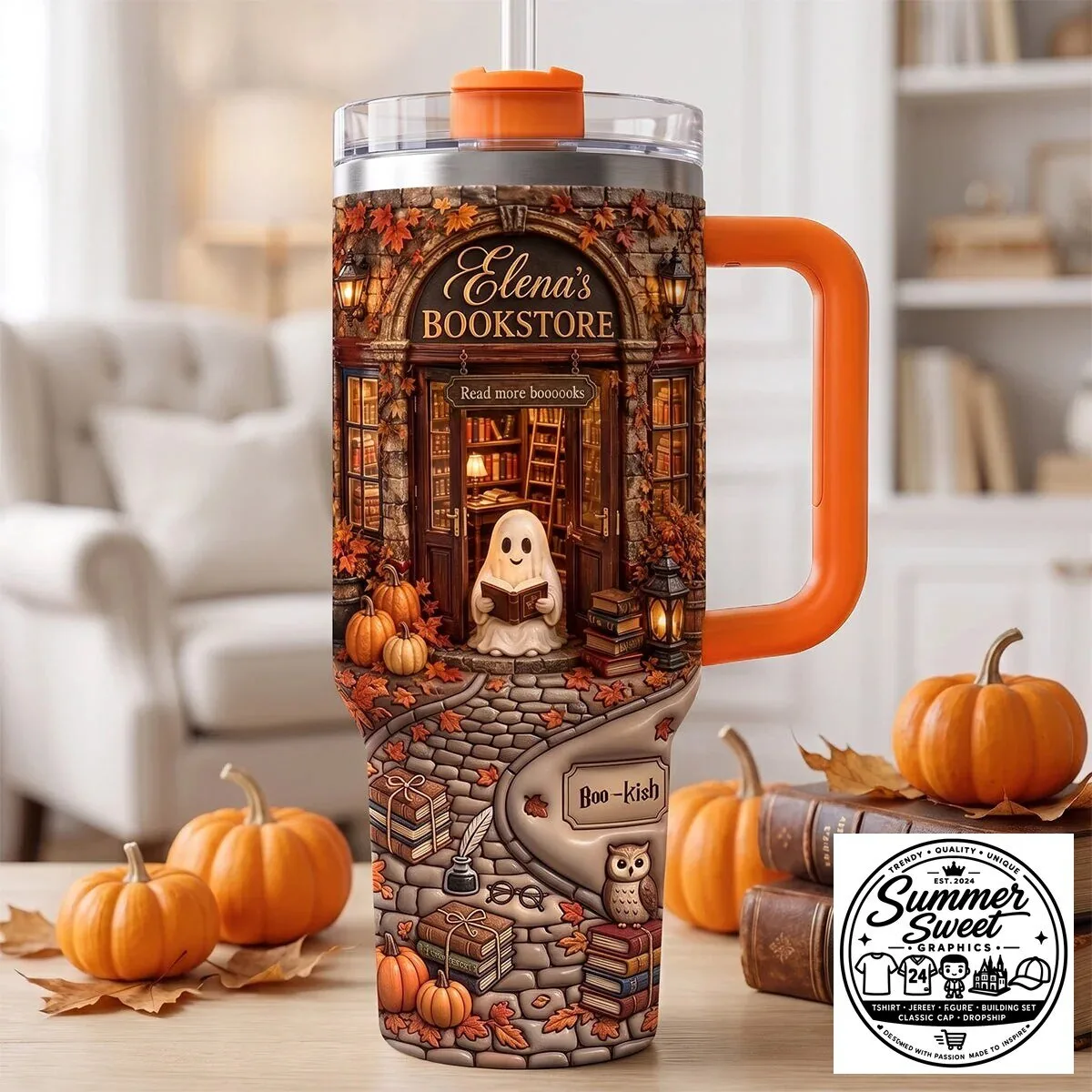 Personalized Elena's Bookstore Ghost Reading Autumn Leaves Tumbler