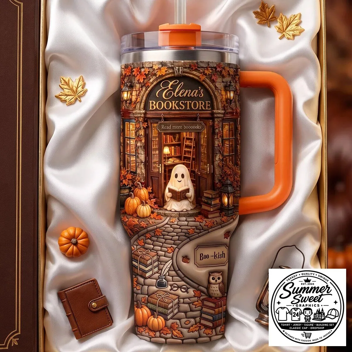 Personalized Elena's Bookstore Ghost Reading Autumn Leaves Tumbler 4 personalized elena s bookstore ghost reading autumn leaves tumbler gallery 1