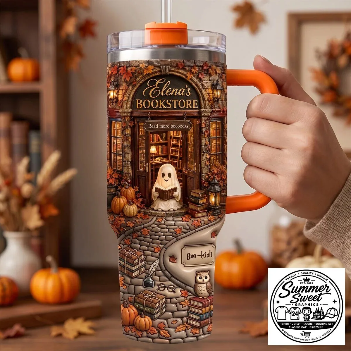 Personalized Elena's Bookstore Ghost Reading Autumn Leaves Tumbler 5 personalized elena s bookstore ghost reading autumn leaves tumbler gallery 2