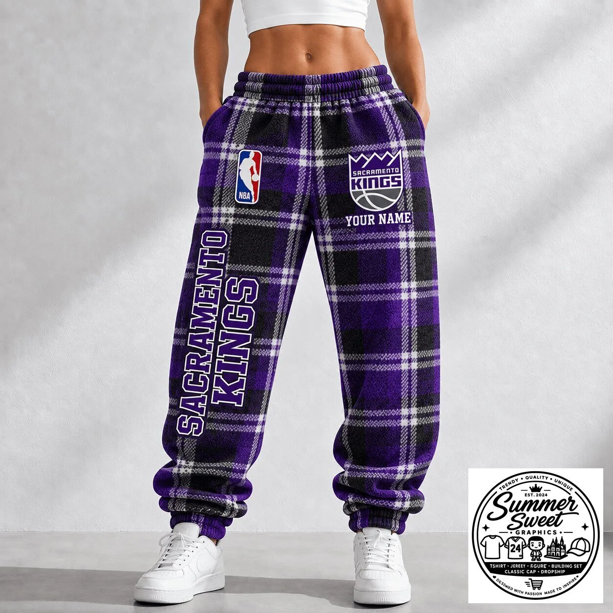 Sacramento Kings NBA Basketball Team Plaid Custom Name Jogger Pants