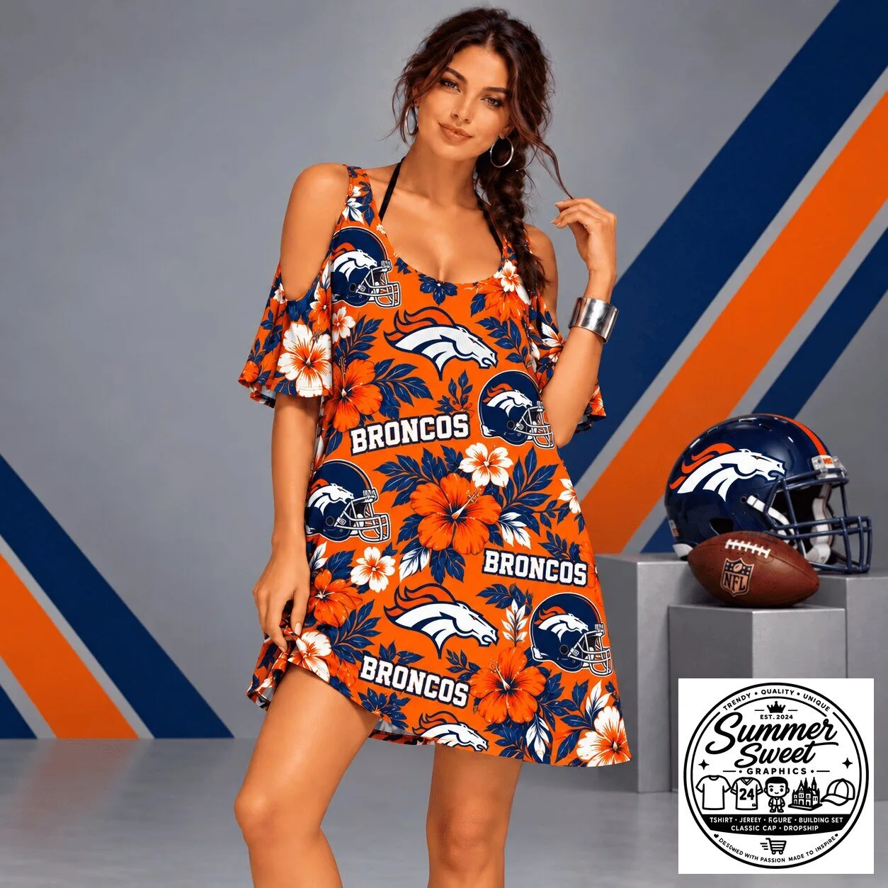 Denver Broncos NFL Football Team Floral Cold Shoulder Dress