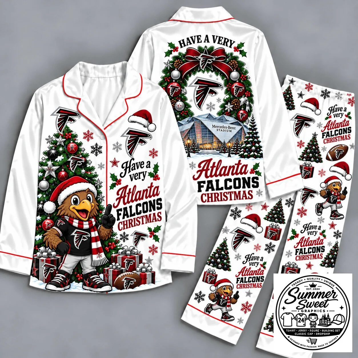 Atlanta Falcons Christmas Pajamas Set with Santa Hat and Stadium Design