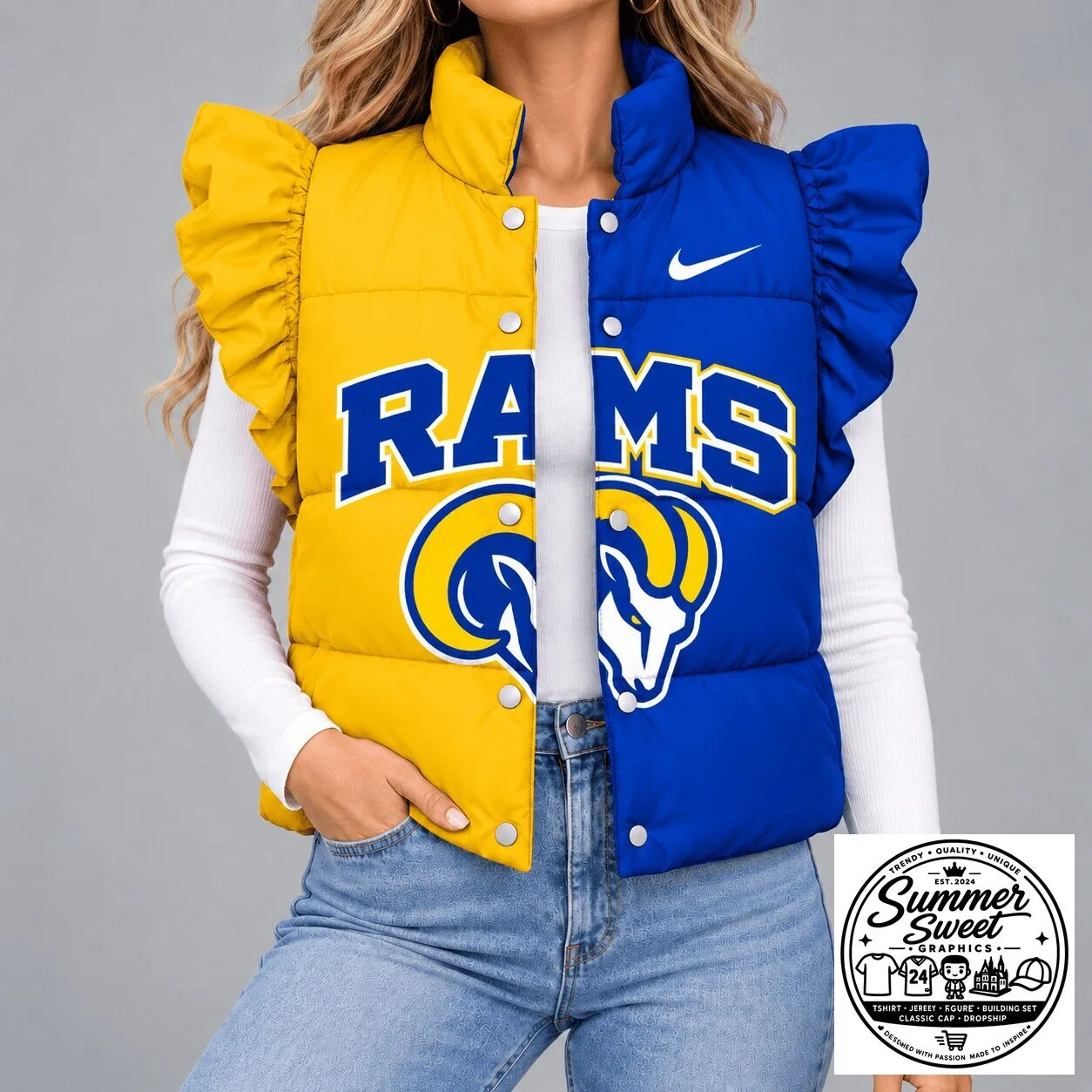 Los Angeles Rams Split Color Puffer Vest with Ruffled Sleeves
