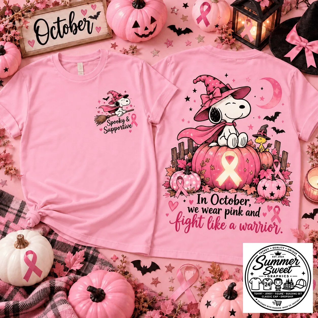 Snoopy Halloween Breast Cancer Awareness Pink Ribbon Spooky Supportive T-Shirt