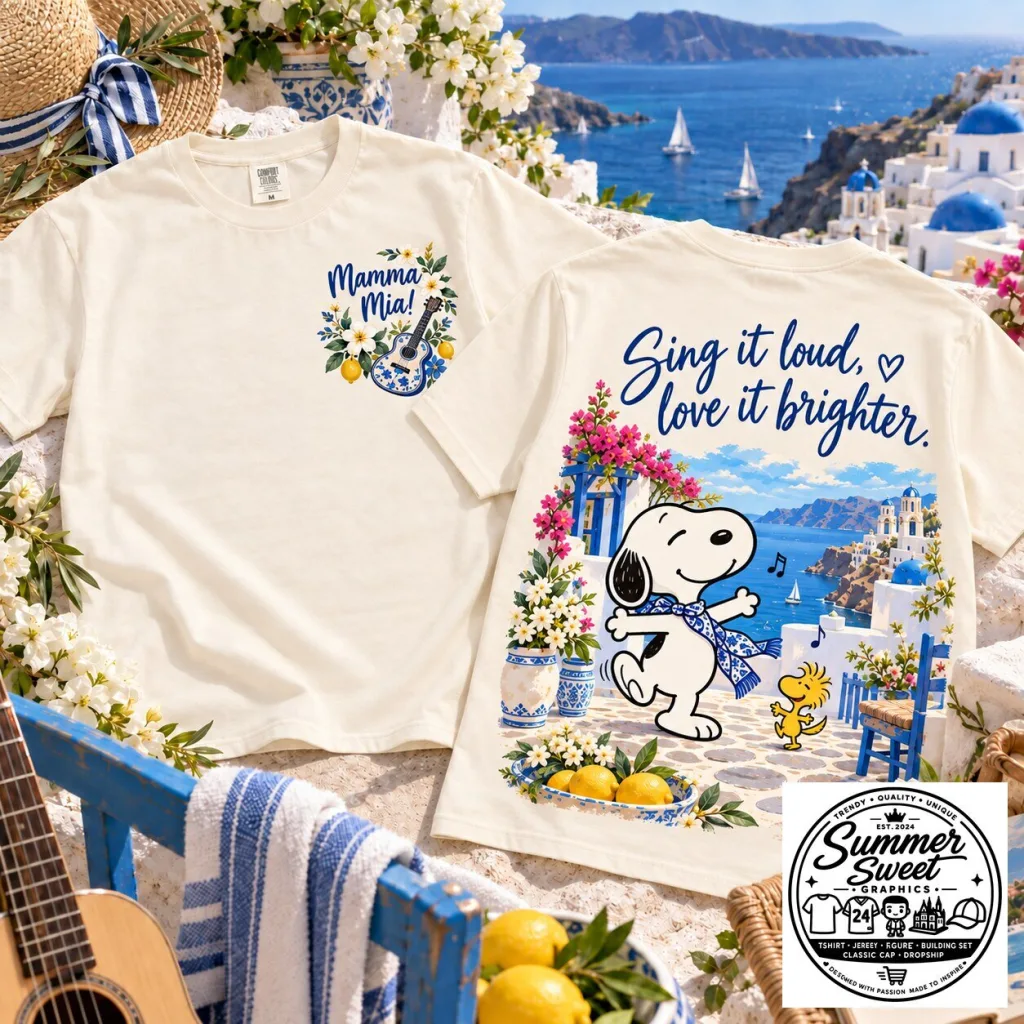 Snoopy Mamma Mia Santorini Musical Lovers Short Sleeve T-Shirt