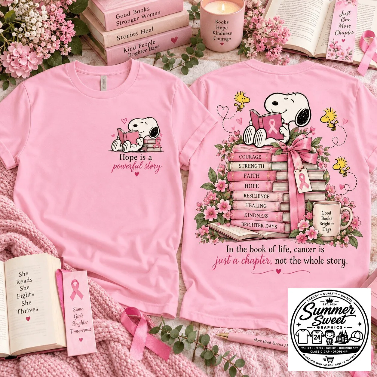 Snoopy Breast Cancer Awareness Hope Is A Powerful Story Pink T-Shirt