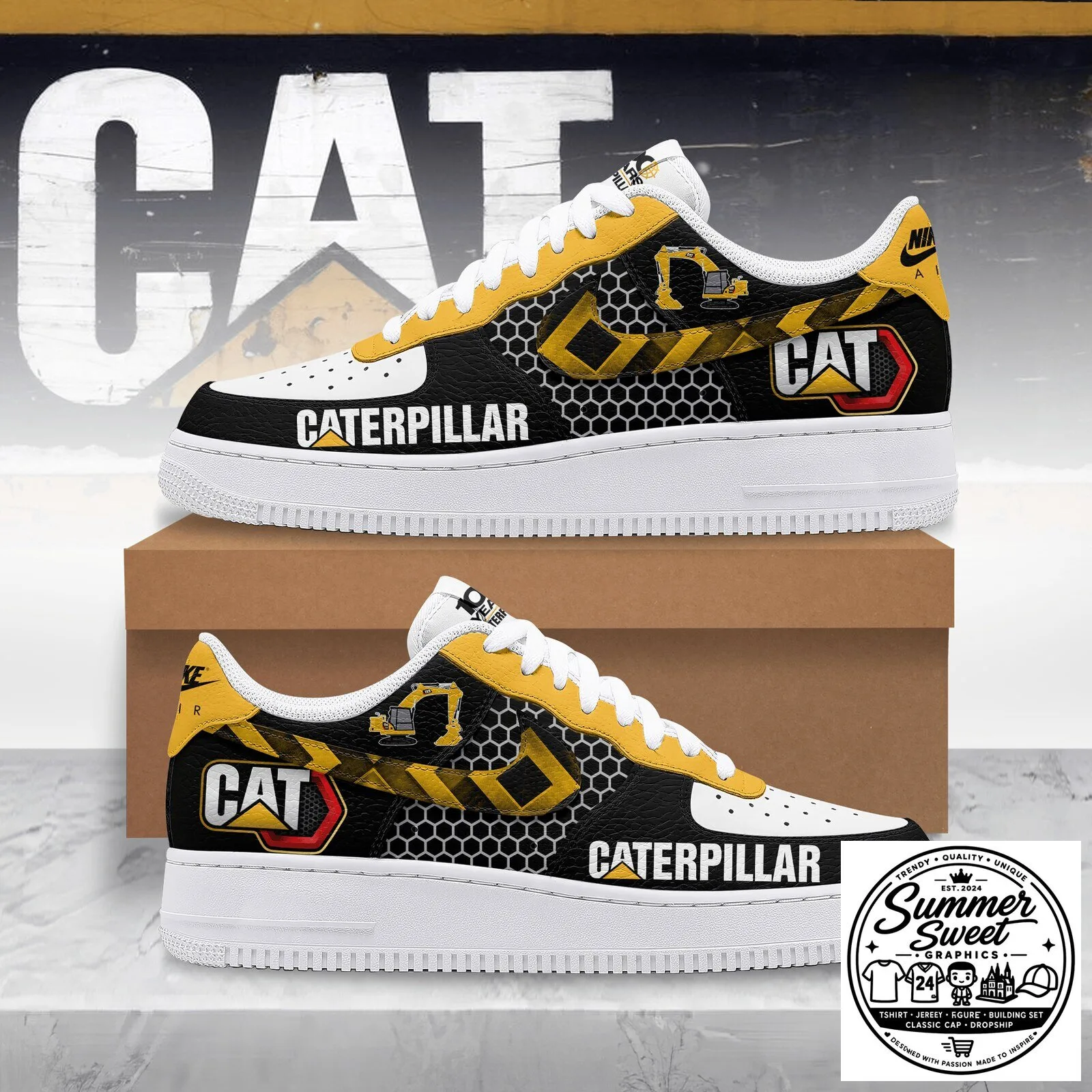 Caterpillar Construction Equipment Black and Yellow Pattern Shoes
