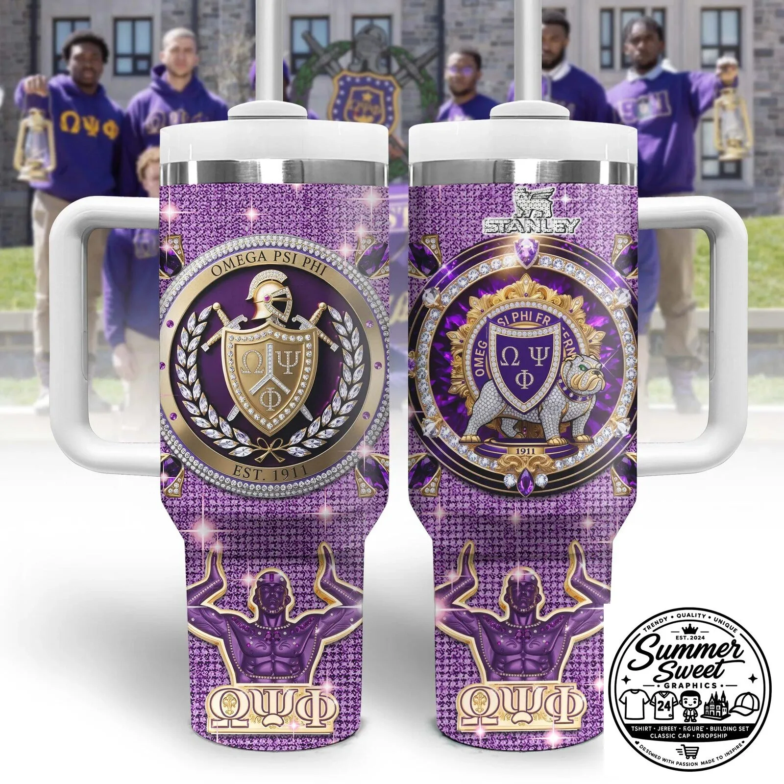 Stanley Tumbler with Purple Diamond Design for Omega Psi Phi Fraternity