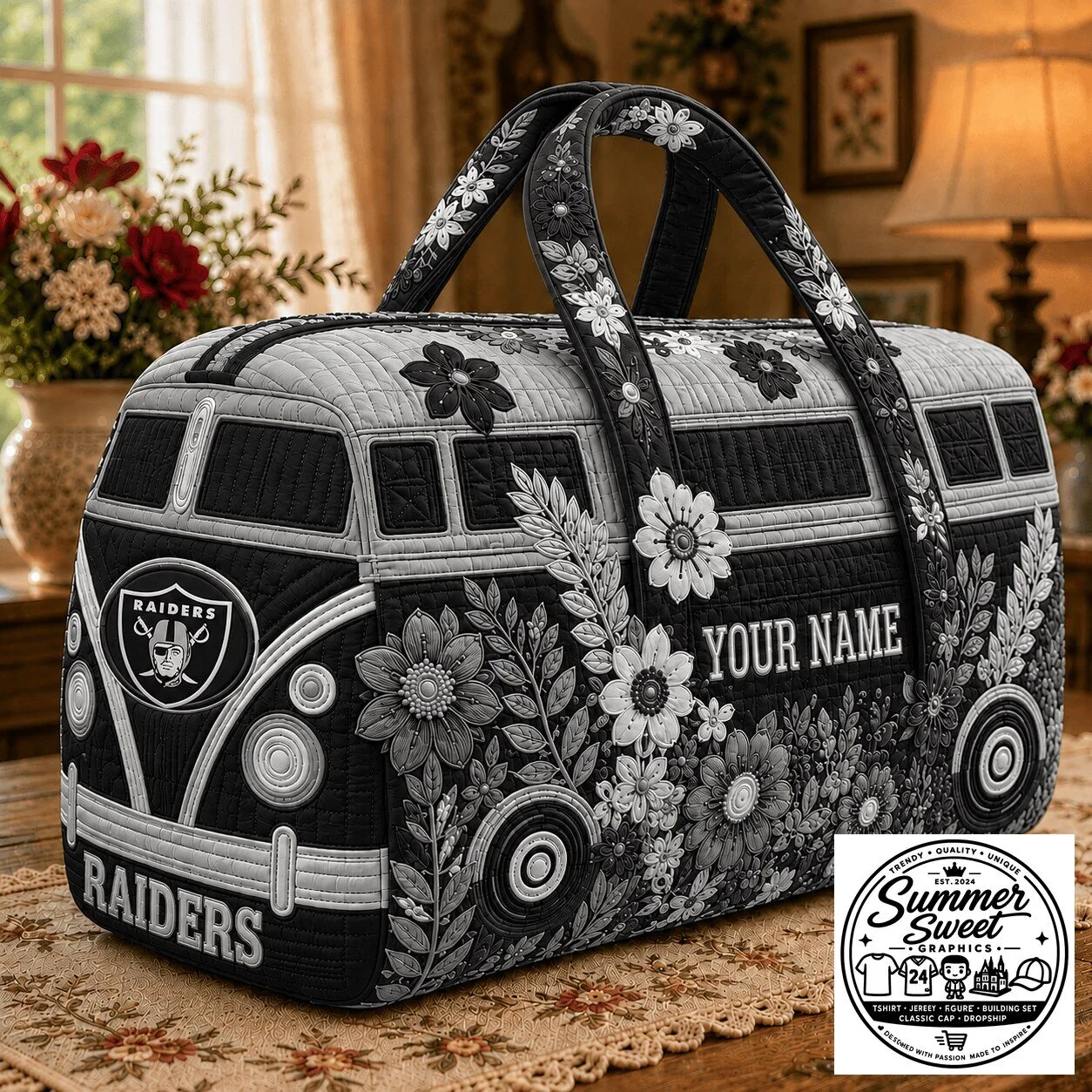Las Vegas Raiders Floral Volkswagen Bus Quilted Duffle Bag