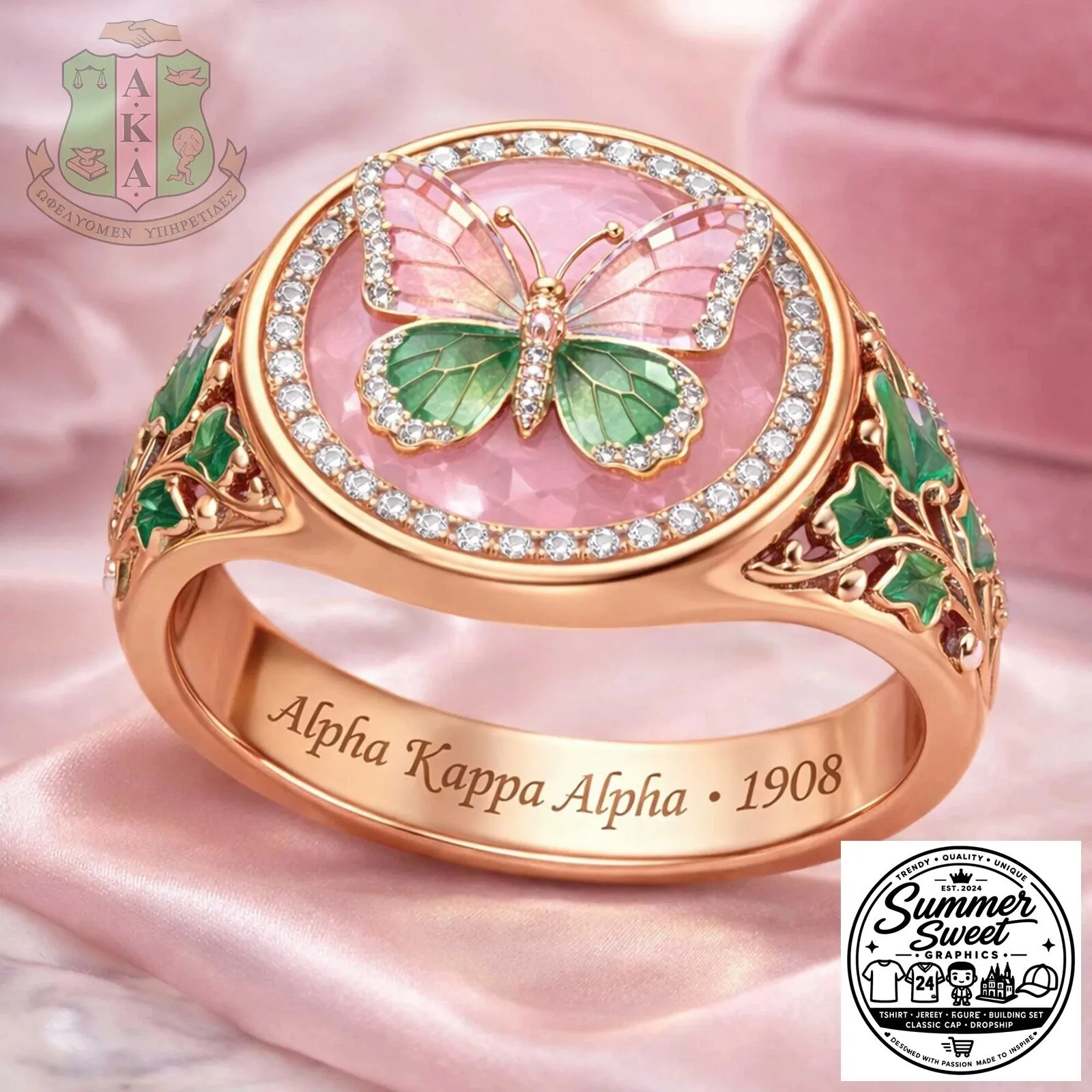 Alpha Kappa Alpha Butterfly Ring, Pink Stone Gold Plated Sorority Jewelry