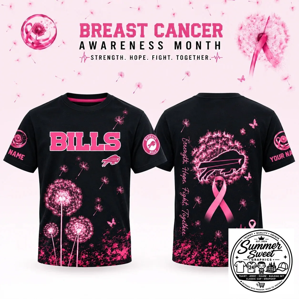 Buffalo Bills Breast Cancer Awareness Month Strength Hope Fight Together T-Shirt