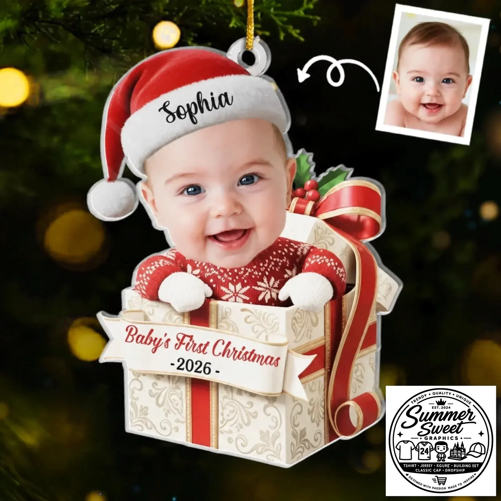 Personalized Baby's First Christmas Photo Ornament, Custom Name First Christmas Gift