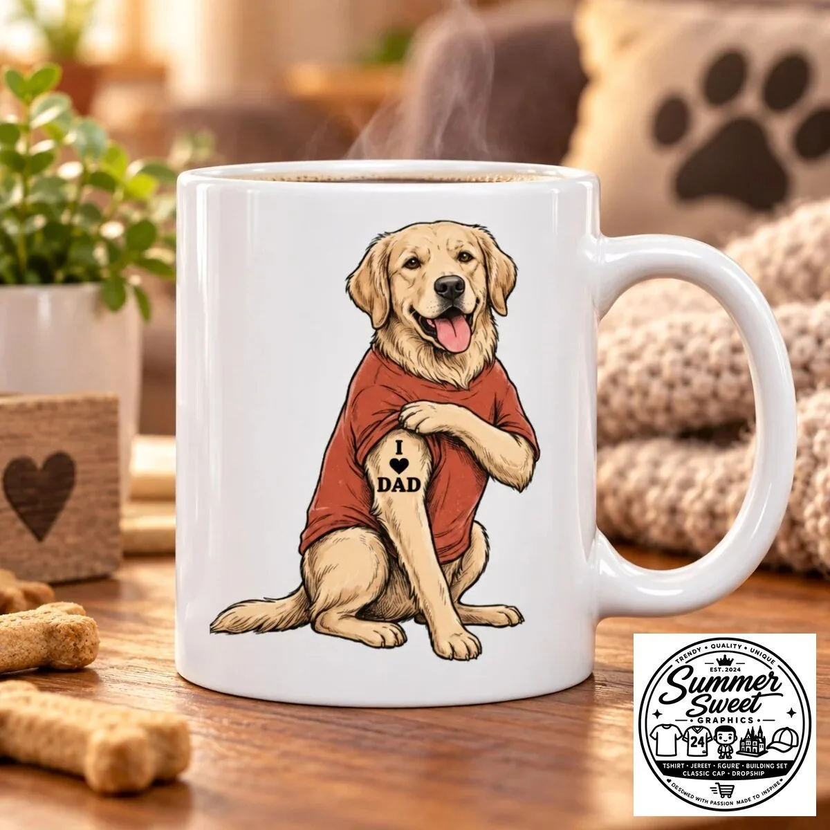 Golden Retriever Dog Wearing I Love Dad Tattoo Shirt Funny Coffee Mug