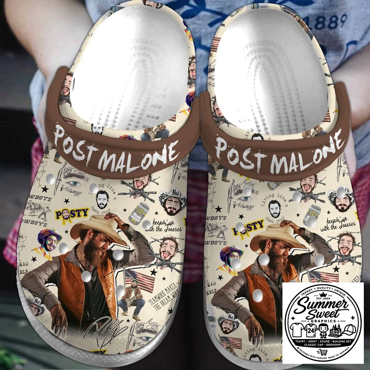 Post Malone Music Fan Art Design Beige Crocband Clogs Shoes