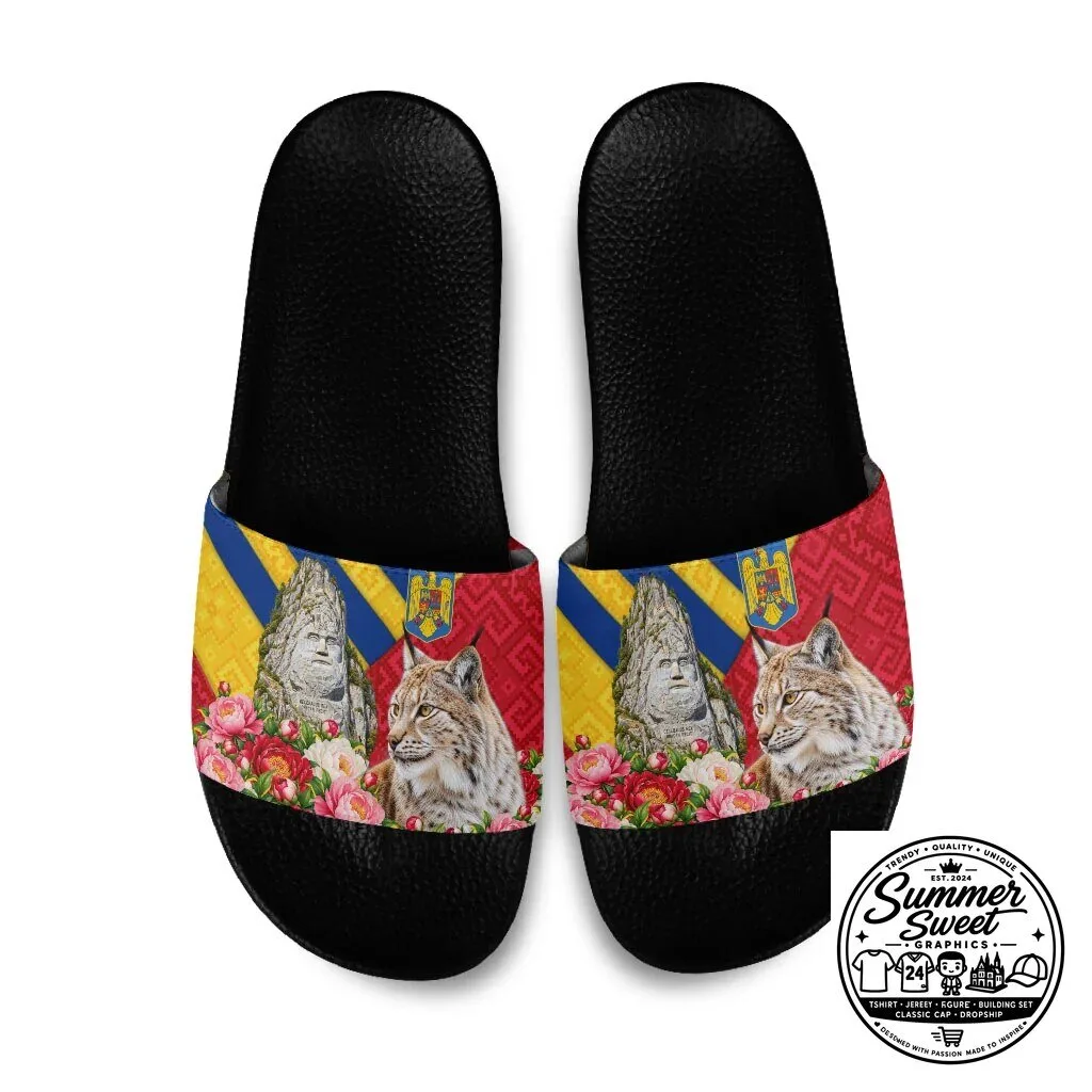 Romania Lynx and Decebalus Rex Slide Sandals with Traditional Folk Pattern