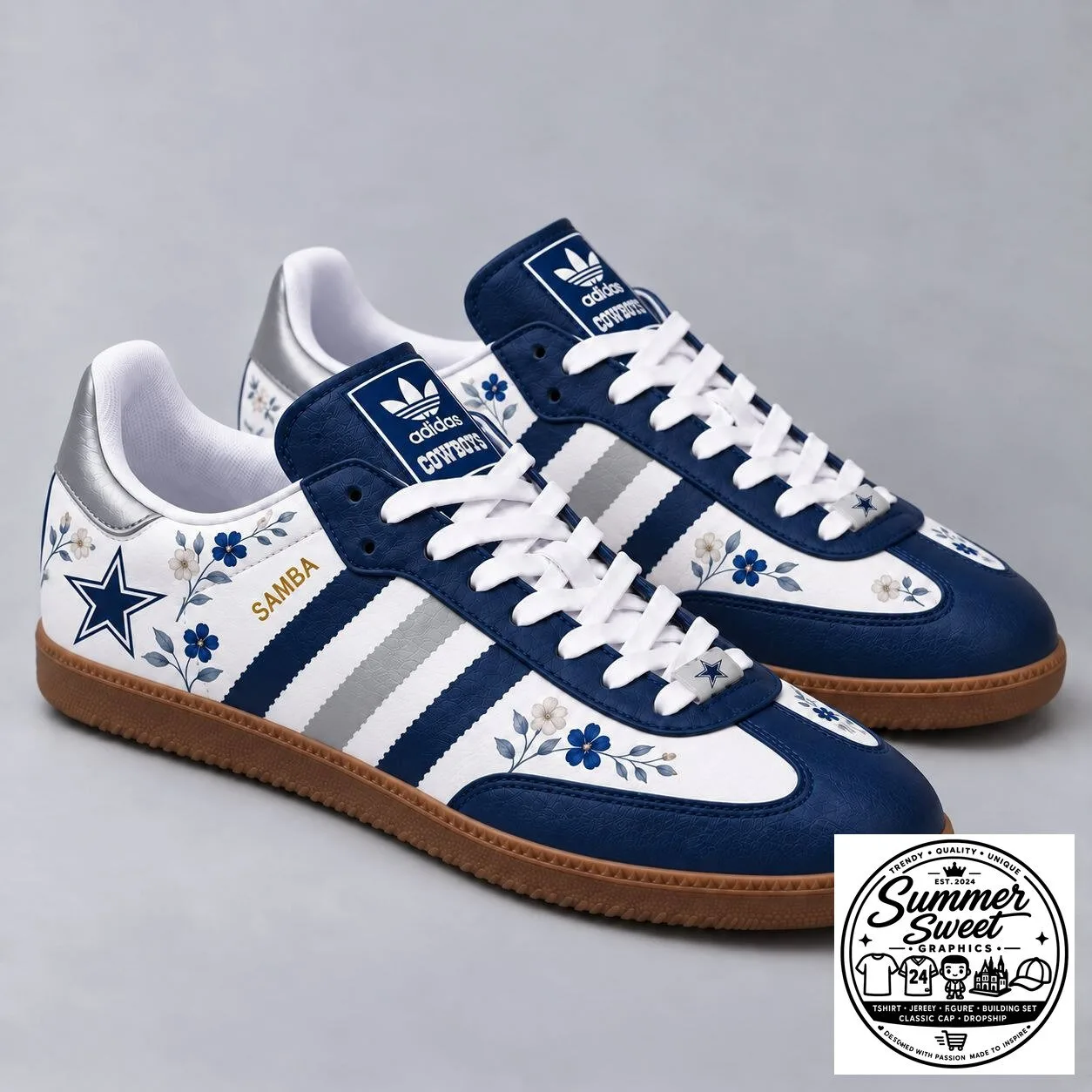 Dallas Cowboys Floral Game Day Samba Shoes, NFL Football Team Sneakers