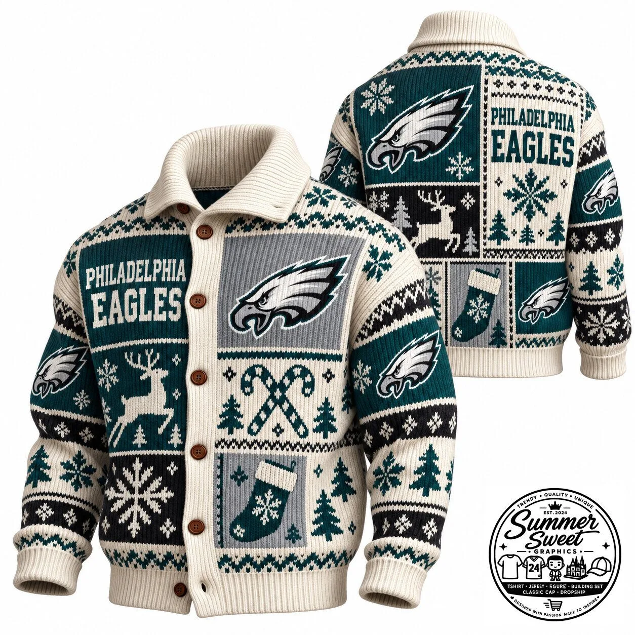 Philadelphia Eagles Christmas Holiday Knit Cardigan Sweater