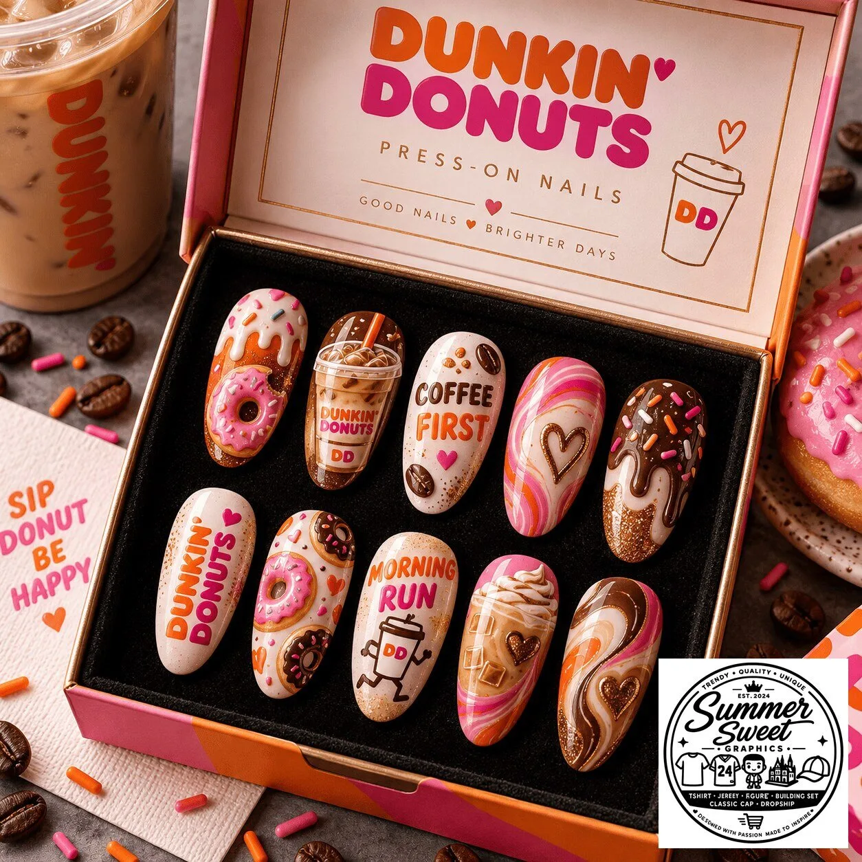 Dunkin' Donuts Coffee and Sprinkles Custom Press-On Nails Set