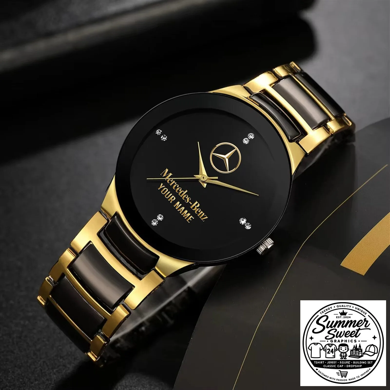 Mercedes-Benz Custom Name Black and Gold Stainless Steel Quartz Watch
