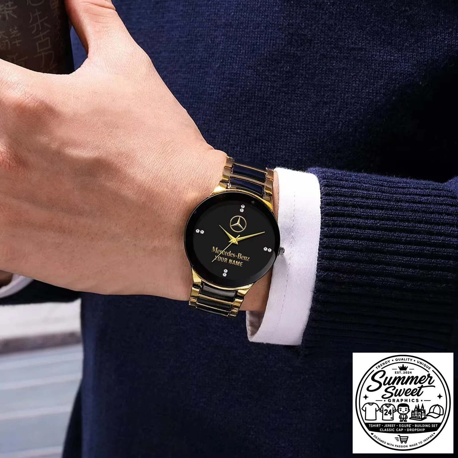 Mercedes-Benz Custom Name Black and Gold Stainless Steel Quartz Watch 7 Mercedes-Benz Custom Name Black and Gold Stainless Steel Quartz Watch