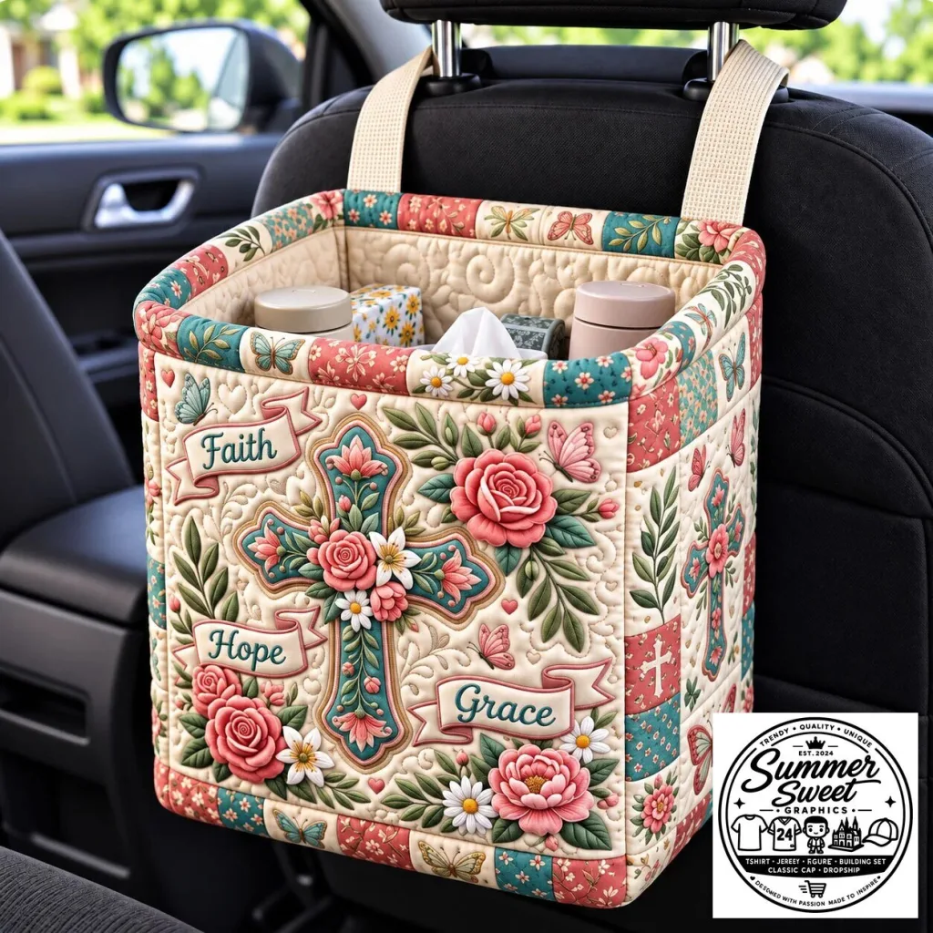 Christian Faith Hope Grace Floral Quilted Car Organizer Storage Basket Christian Faith Hope Grace Floral Quilted Car Organizer Storage Basket